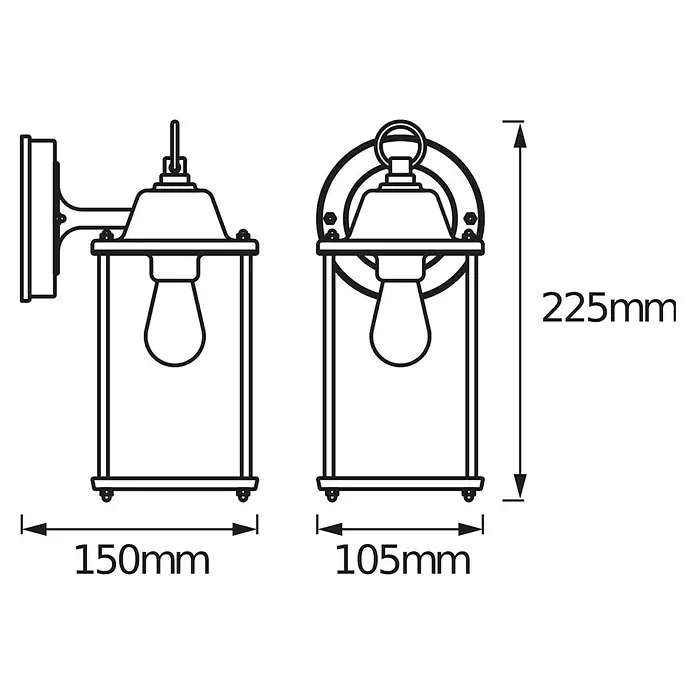 Osram LED-Wandleuchte Endura Classic Laterne - Schwarz - Bild einer detaillierten Zeichnung einer Outdoor-Laterne mit den Maßen 150 mm Breite, 105 mm Tiefe und 225 mm Höhe.