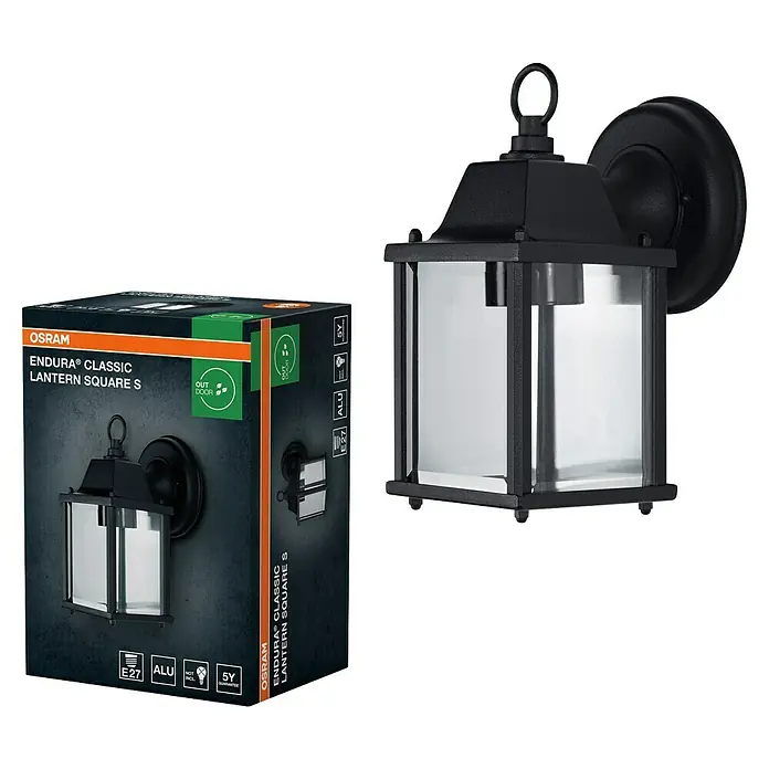 Osram LED-Wandleuchte Endura Classic Laterne - Schwarz - Abbildung einer Osram Endura Classic Square S Außenleuchte und ihrer Verpackung.