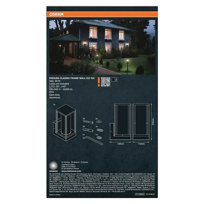 Osram Wandleuchte Endura Frame - L x B x H: 14 x 11 x 24,5 cm, Dunkelgrau, E27 - Produktbild der Osram Endura Classic Frame Wandleuchte E27 DG in Dunkelgrau und Aluminium, inklusive Zubehör und Maßen.