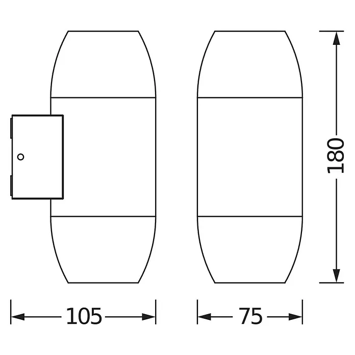 Osram LED-Wandleuchte Endura - L x B x H: 10,5 x 7,5 x 18 cm, Anthrazit - Schemazeichnung von zwei Wandleuchten mit Maßen. Gesamtbreite 180mm, Breite der linken Leuchte 105mm, der rechten 75mm.