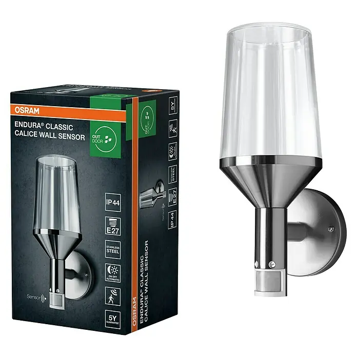 Osram Endura Classic LED-Außenwandleuchte - 161 x 12 x 305 cm, Edelstahl, IP44 - Das Bild zeigt eine OSRAM Endura Classic Calice Wandleuchte mit Sensor, ideal für den Außenbereich. Inklusive Produktverpackung.