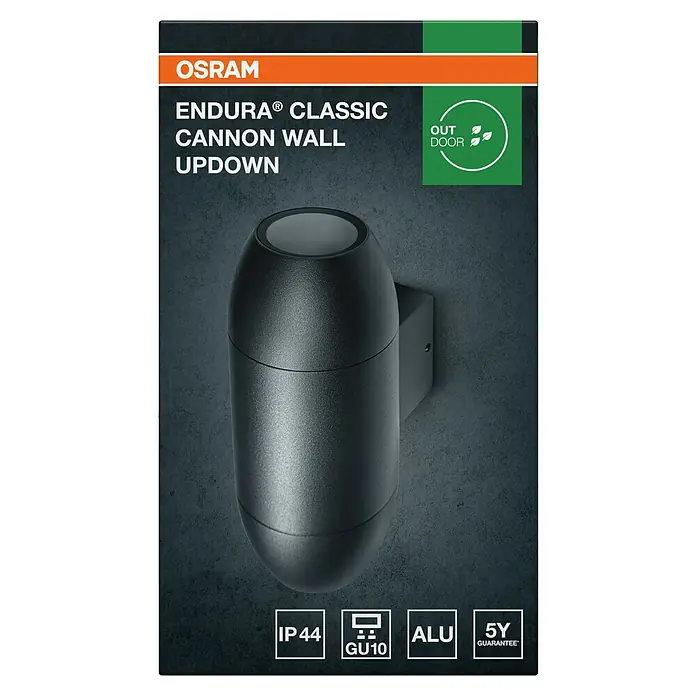Osram LED-Wandleuchte Endura - L x B x H: 10,5 x 7,5 x 18 cm, Anthrazit - Abbildung einer schwarzen OSRAM Endura Classic Cannon Wandleuchte für den Außenbereich, die sowohl nach oben als auch nach unten leuchtet.