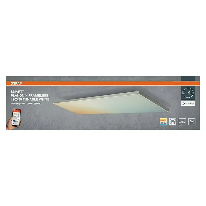 Ledvance Smart+ LED-Panel Frameless - 28 W, L x B x H: 120 x 30 x 5,6 cm, Weiß, Neutralweiß - Produktbild der OSRAM SMART+ Planon™ Frameless 120x30 Tunable White LED-Panel. Die Lampe ist dimmbar und hat einen Farbtemperaturbereich von 3000-6500 K.