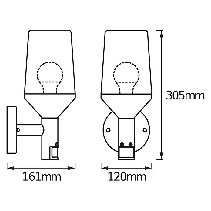 Osram Endura Classic LED-Außenwandleuchte - 161 x 12 x 305 cm, Edelstahl, IP44 - Abbildung einer Wandleuchte mit den Maßen 305mm Höhe, 161mm Tiefe und 120mm Breite.