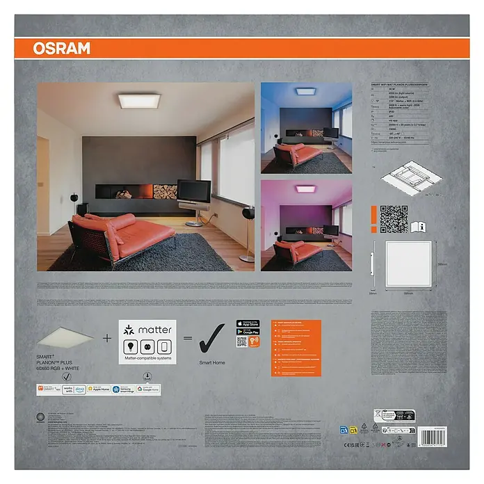Ledvance Smart+ LED-Panel - 36 W, L x B x H: 60 x 60 x 5,6 cm, Weiß, RGBW - Das Produkt ist eine OSRAM SMART+ PLANON™ PLUS 60x60 RGB + WHITE Deckenleuchte, kompatibel mit Matter und Smart Home Systemen.