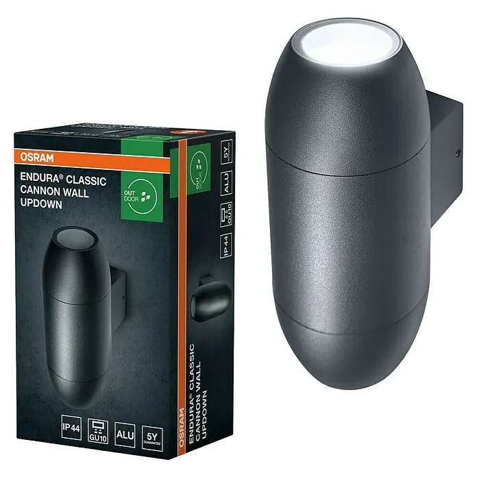 Osram LED-Wandleuchte Endura - L x B x H: 10,5 x 7,5 x 18 cm, Anthrazit - Abbildung einer Osram Endura Classic Cannon Wall Updown Außenleuchte und ihrer Verpackung.