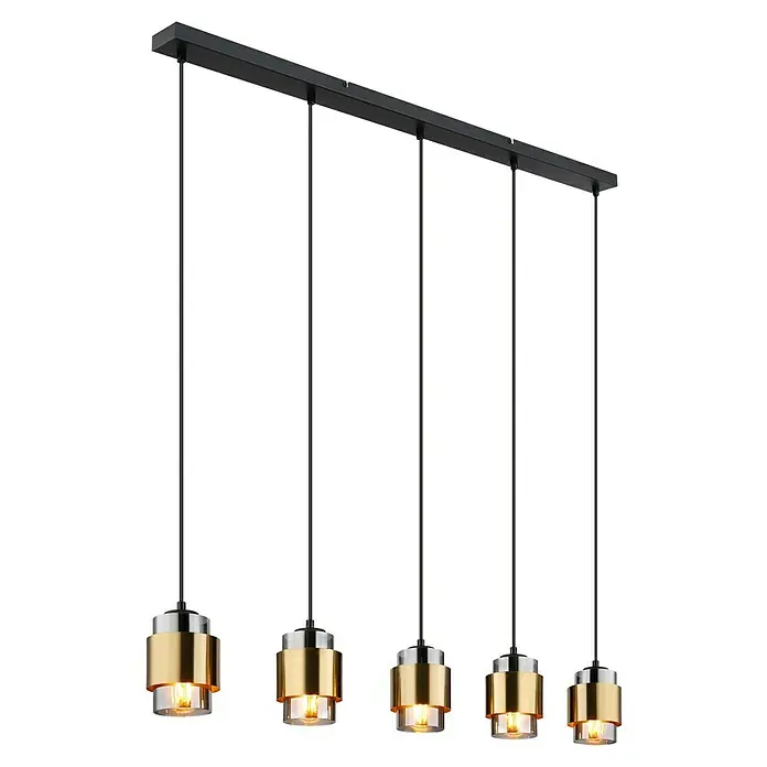 Globo Pendelleuchte Milley - 40 W, L x B x H: 105 x 10 x 150 cm, Grau, E27 - Eine moderne Pendelleuchte mit fünf goldenen und transparenten Zylindern, die von einer schwarzen Halterung hängen.