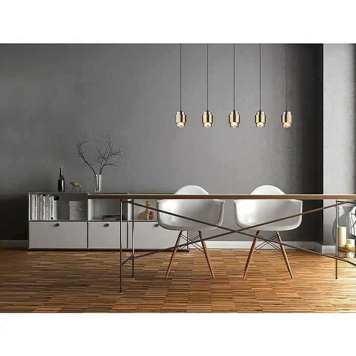 Globo Pendelleuchte Milley - 40 W, L x B x H: 105 x 10 x 150 cm, Grau, E27 - Elegantes Esszimmer mit Pendelleuchten, weißen Stühlen und einem Lowboard. Die Leuchten setzen stilvolle Akzente über dem Tisch.