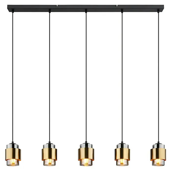 Globo Pendelleuchte Milley - 40 W, L x B x H: 105 x 10 x 150 cm, Grau, E27 - Elegante Pendelleuchte mit fünf goldenen Zylindern an einer schwarzen Aufhängung, die warmes Licht spendet. Perfekt für Esszimmer oder Wohnbereich.