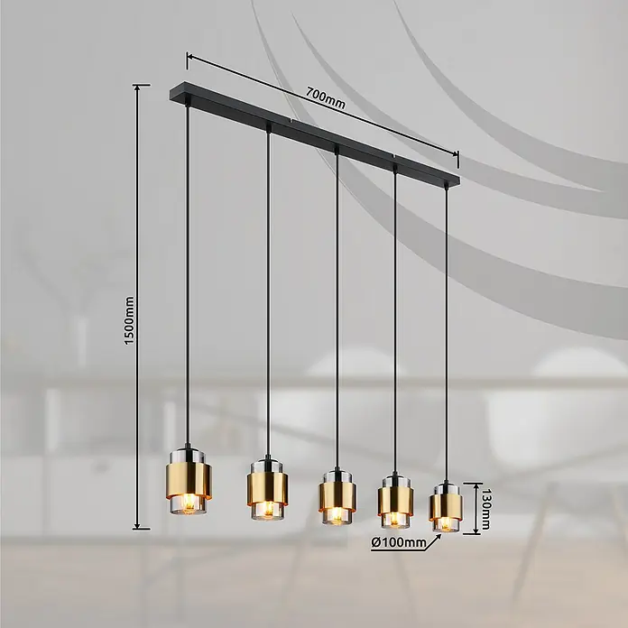 Globo Pendelleuchte Milley - 40 W, L x B x H: 105 x 10 x 150 cm, Grau, E27 - Pendelleuchte mit fünf goldenen Lampenschirmen, Maße sind dargestellt.