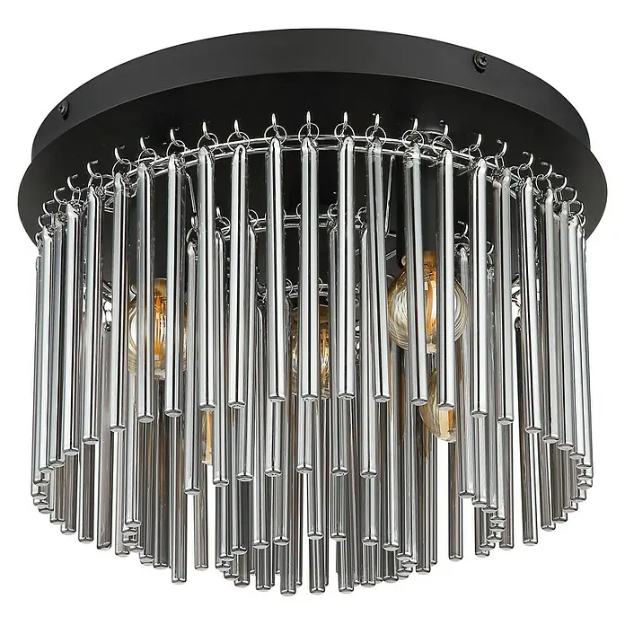 Globo Deckenleuchte rund Gorley - Ø x H: 32 x 23 cm, Schwarz, E14 - Deckenleuchte mit schwarzer Basis und glänzenden, zylindrischen Pendeln, die ein modernes und stilvolles Ambiente erzeugt.