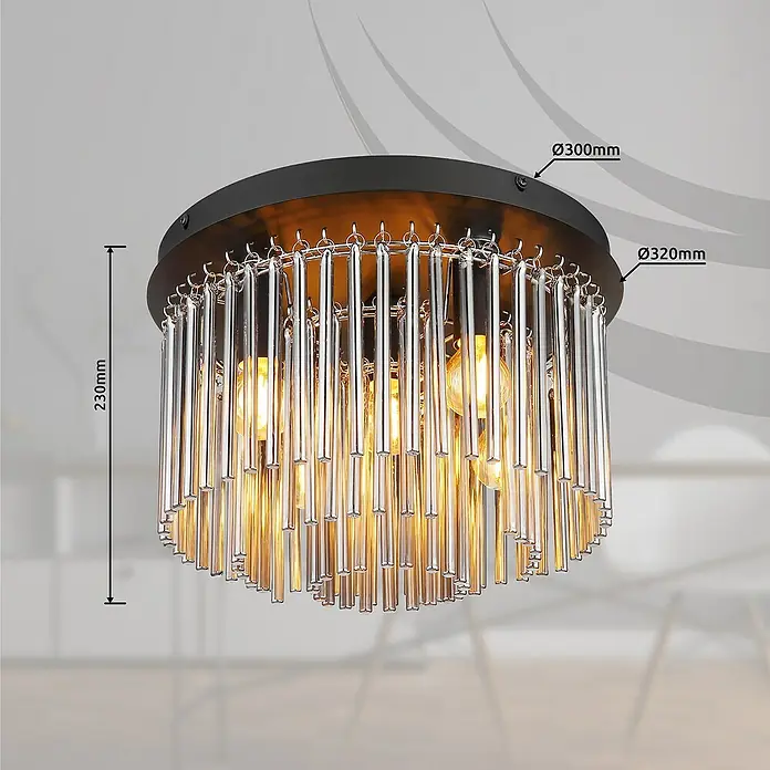 Globo Deckenleuchte rund Gorley - Ø x H: 32 x 23 cm, Schwarz, E14 - Elegante Deckenleuchte mit glänzenden Glasstäben und matter, dunkler Deckenbefestigung für eine stimmungsvolle Beleuchtung im Raum.