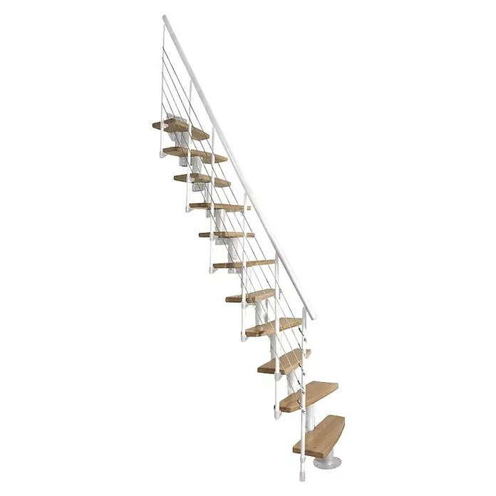 Atrium Raumspartreppe Mini Plus Linco - Farbton Metall: RAL 9003, Breite: 60 cm, Buche, Geschosshöhe: 222 cm - 300 cm - Treppe mit weißen Metallwangen, hellen Holzstufen und einem Geländer mit filigranen Edelstahlseilen als Absturzsicherung.