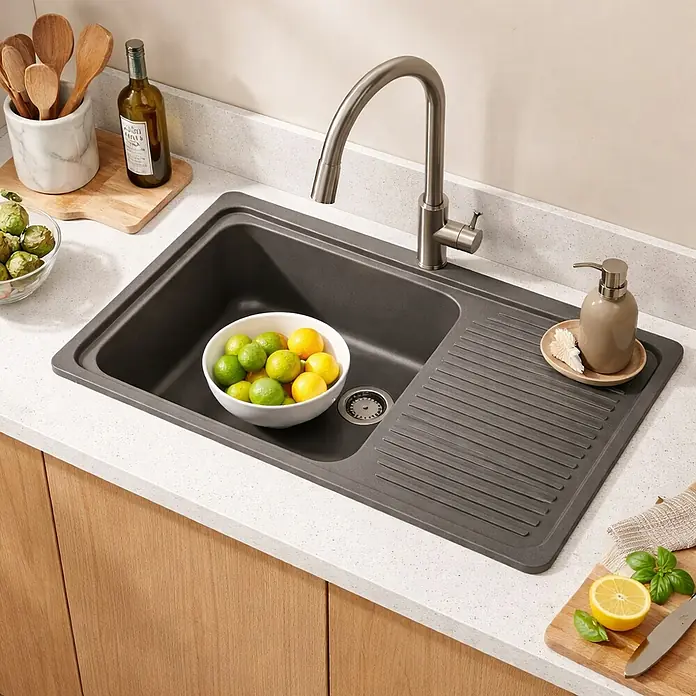 Carea Fregadero encastrable Venus - 86 x 50 cm, Material: CAREAlith®, Gris hormigón - Primer plano de un fregadero de cocina gris con escurridor, con un dispensador de jabón, limones y limas.