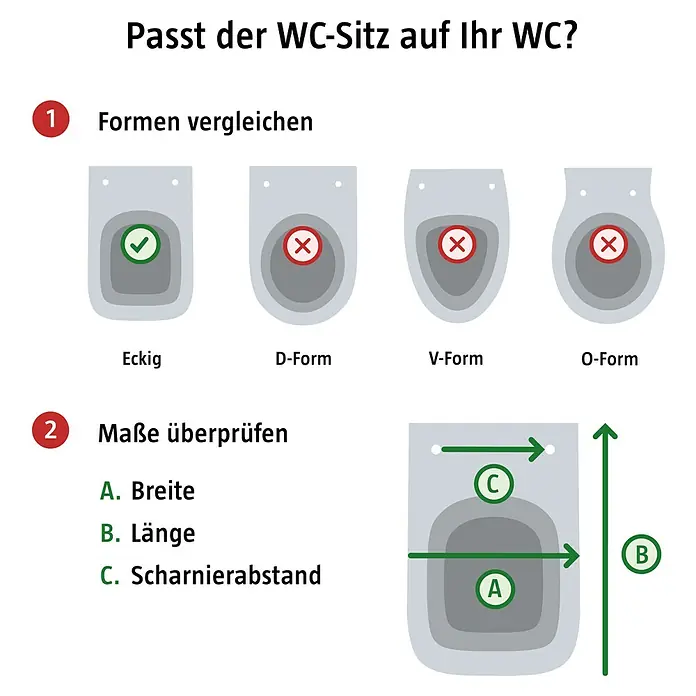Duravit D-Code WC-Sitz - Duroplast, Weiß, Ohne Absenkautomatik - Illustration zur Bestimmung der passenden WC-Sitzform und der erforderlichen Maße wie Breite, Länge und Scharnierabstand.