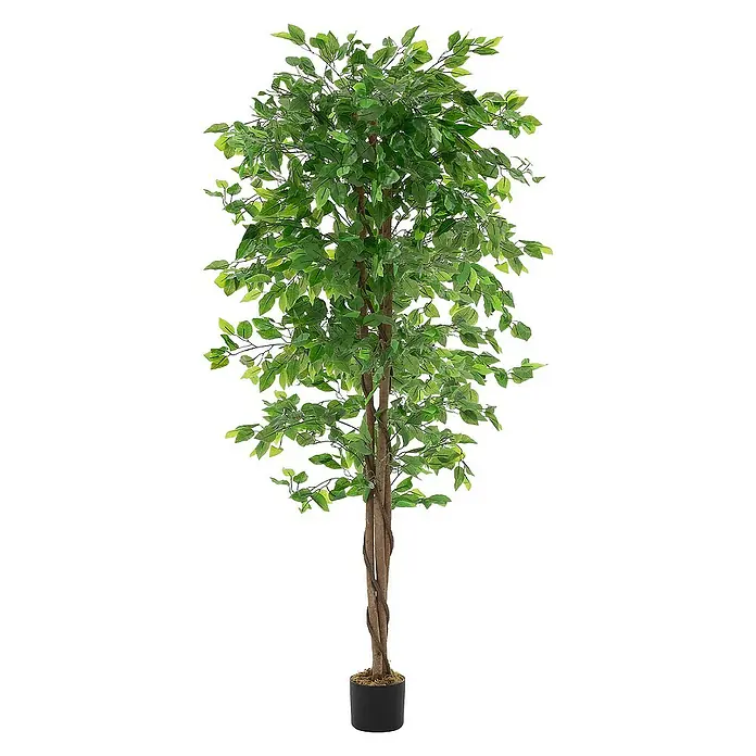 ML-Design Kunstpflanze Ficus Kunstbaum für Innen & Außen mit Naturholzstamm im Topf - Höhe: 180 cm, Blütenfarbe: Grün, Holz