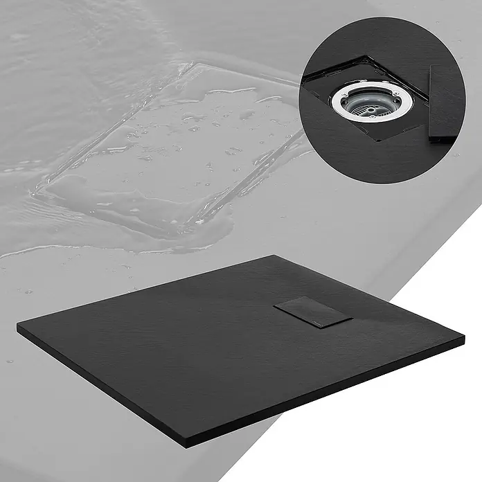 LuxeBath Duschwannen-Set Duschtasse Brausetasse mit Ablaufgarnitur und Anti-Rutsch-Oberfläche - Verbundwerkstoff, Schwarz, Ablaufgarnitur