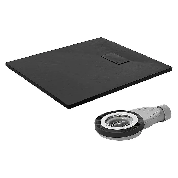 LuxeBath Duschwannen-Set Duschtasse Brausetasse mit Ablaufgarnitur und Anti-Rutsch-Oberfläche - Verbundwerkstoff, Schwarz, Ablaufgarnitur