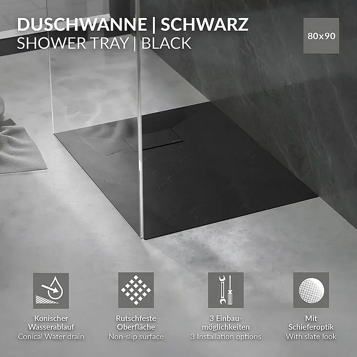 LuxeBath Duschwannen-Set Duschtasse Brausetasse mit Ablaufgarnitur und Anti-Rutsch-Oberfläche - Verbundwerkstoff, Schwarz, Ablaufgarnitur