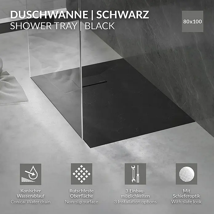 LuxeBath Duschwannen-Set Duschtasse Brausetasse mit Ablaufgarnitur und Anti-Rutsch-Oberfläche - L x B: 100 x 80 cm, Verbundwerkstoff, Schwarz, Ablaufgarnitur