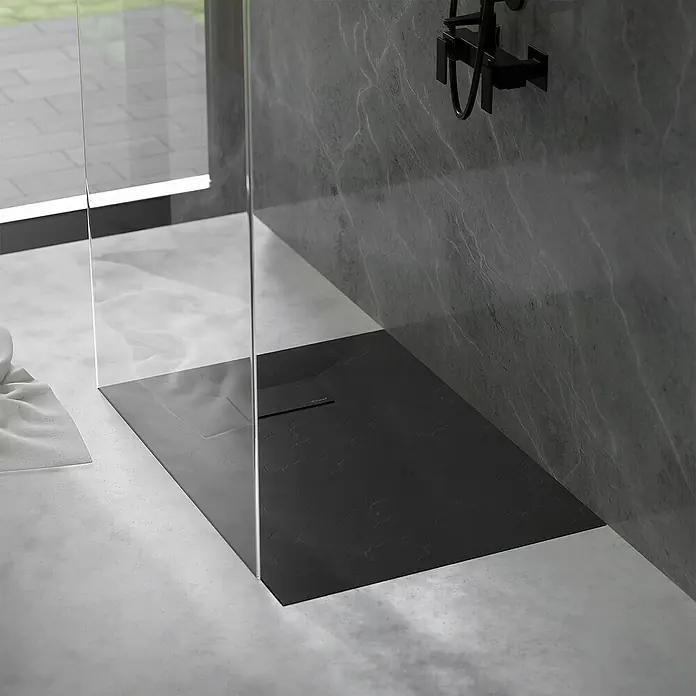 LuxeBath Duschwannen-Set Duschtasse Brausetasse mit Ablaufgarnitur und Anti-Rutsch-Oberfläche - L x B: 100 x 80 cm, Verbundwerkstoff, Schwarz, Ablaufgarnitur