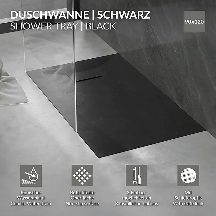 LuxeBath Duschwannen-Set Duschtasse Brausetasse mit Ablaufgarnitur und Anti-Rutsch-Oberfläche - L x B: 120 x 90 cm, Verbundwerkstoff, Schwarz, Ablaufgarnitur