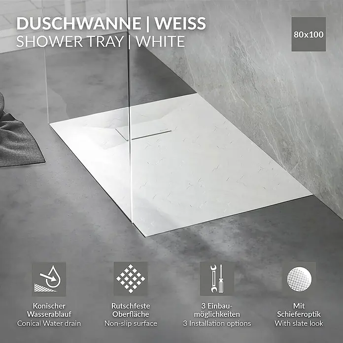 LuxeBath Duschwannen-Set Duschtasse Brausetasse mit Ablaufgarnitur und Anti-Rutsch-Oberfläche - Verbundwerkstoff, Weiß, Ablaufgarnitur