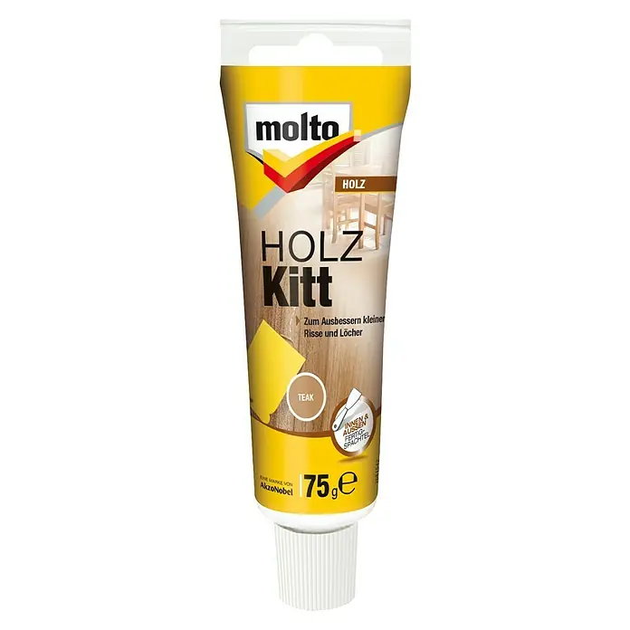 Molto Holzkitt - Teak, 50 ml - Bild einer Tube Molto Holz Kitt zum Ausbessern von Holz, in der Farbe Teak. Das Produkt ist für Innen- und Aussenbereiche geeignet.