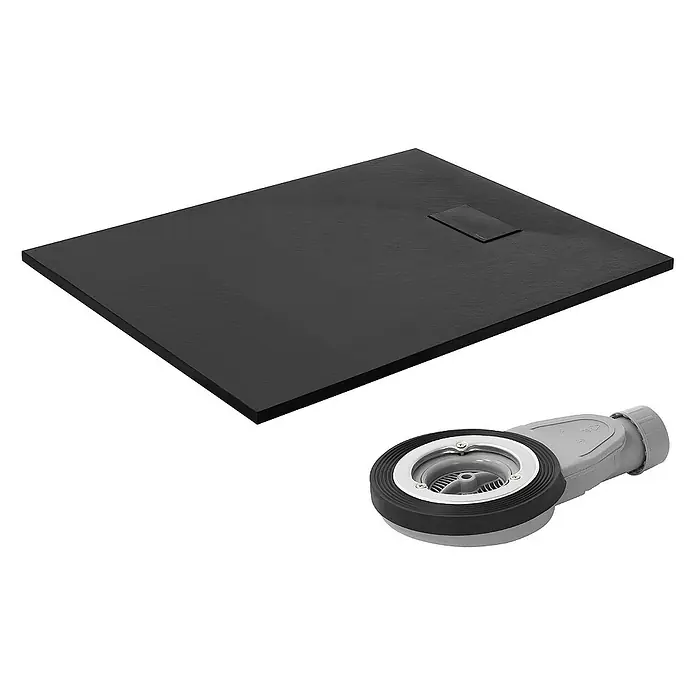 LuxeBath Duschwannen-Set Duschtasse Brausetasse mit Ablaufgarnitur und Anti-Rutsch-Oberfläche - L x B: 120 x 90 cm, Verbundwerkstoff, Schwarz, Ablaufgarnitur