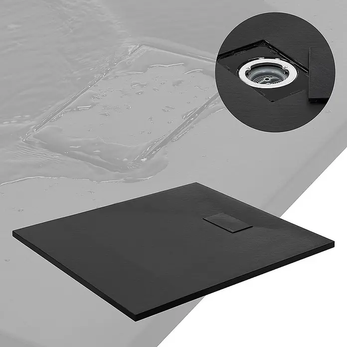 LuxeBath Duschwannen-Set Duschtasse Brausetasse mit Ablaufgarnitur und Anti-Rutsch-Oberfläche - Verbundwerkstoff, Schwarz, Ablaufgarnitur