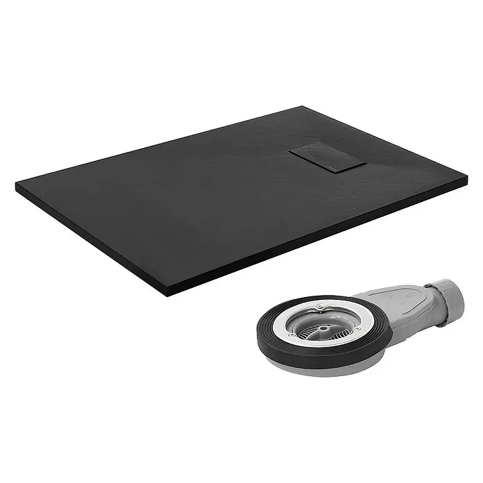LuxeBath Duschwannen-Set Duschtasse Brausetasse mit Ablaufgarnitur und Anti-Rutsch-Oberfläche - Verbundwerkstoff, Schwarz, Ablaufgarnitur