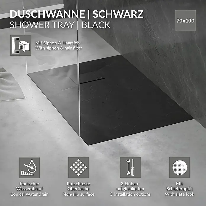 LuxeBath Duschwannen-Set Duschtasse Brausetasse mit Ablaufgarnitur und Anti-Rutsch-Oberfläche - Verbundwerkstoff, Schwarz, Ablaufgarnitur