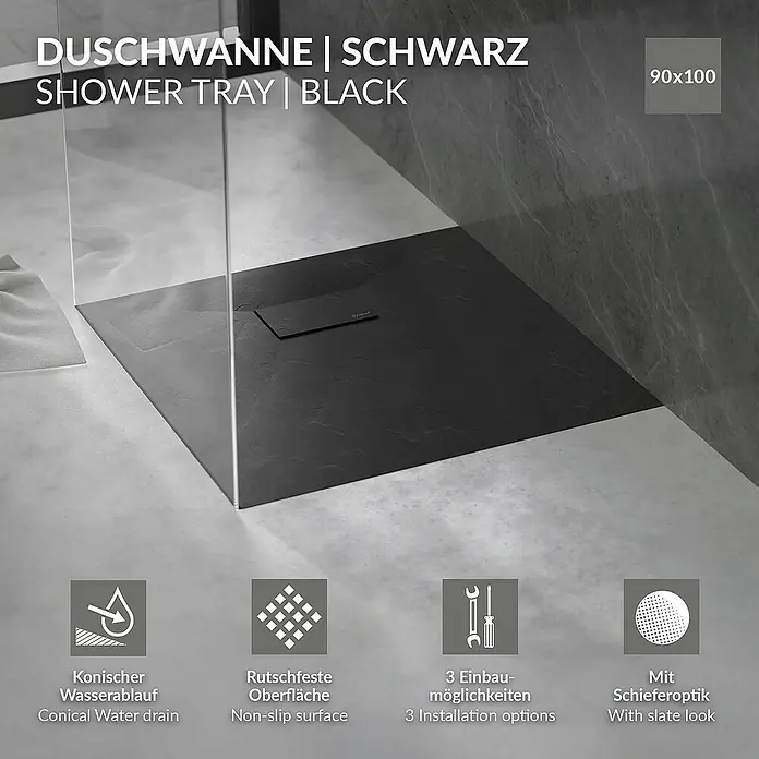 LuxeBath Duschwannen-Set Duschtasse Brausetasse mit Ablaufgarnitur und Anti-Rutsch-Oberfläche - Verbundwerkstoff, Schwarz, Ablaufgarnitur