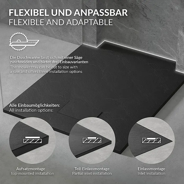 LuxeBath Duschwannen-Set Duschtasse Brausetasse mit Ablaufgarnitur und Anti-Rutsch-Oberfläche - Verbundwerkstoff, Schwarz, Ablaufgarnitur