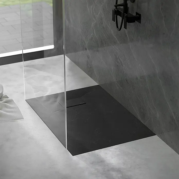LuxeBath Duschwannen-Set Duschtasse Brausetasse mit Ablaufgarnitur und Anti-Rutsch-Oberfläche - Verbundwerkstoff, Schwarz, Ablaufgarnitur
