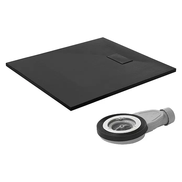 LuxeBath Duschwannen-Set Duschtasse Brausetasse mit Ablaufgarnitur und Anti-Rutsch-Oberfläche - Verbundwerkstoff, Schwarz, Ablaufgarnitur