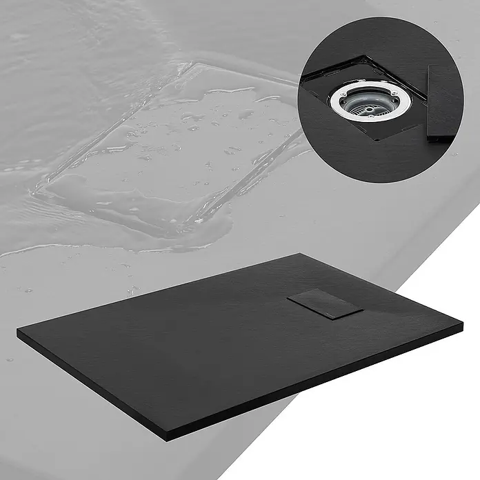 LuxeBath Duschwannen-Set Duschtasse Brausetasse mit Ablaufgarnitur und Anti-Rutsch-Oberfläche - Verbundwerkstoff, Schwarz, Ablaufgarnitur