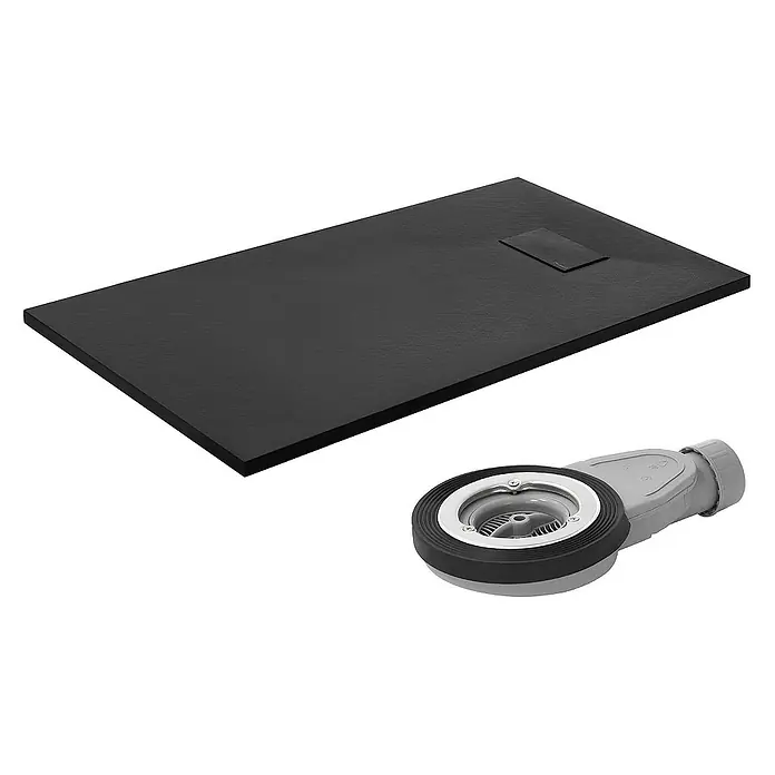 LuxeBath Duschwannen-Set Duschtasse Brausetasse mit Ablaufgarnitur und Anti-Rutsch-Oberfläche - Verbundwerkstoff, Schwarz, Ablaufgarnitur