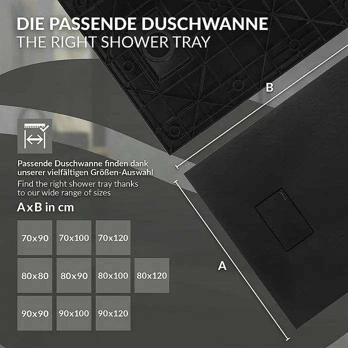 LuxeBath Duschwannen-Set Duschtasse Brausetasse mit Ablaufgarnitur und Anti-Rutsch-Oberfläche - Verbundwerkstoff, Schwarz, Ablaufgarnitur
