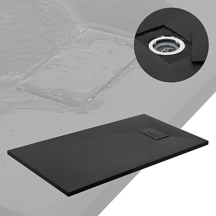 LuxeBath Duschwannen-Set Duschtasse Brausetasse mit Ablaufgarnitur und Anti-Rutsch-Oberfläche - Verbundwerkstoff, Schwarz, Ablaufgarnitur
