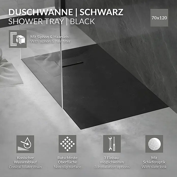 LuxeBath Duschwannen-Set Duschtasse Brausetasse mit Ablaufgarnitur und Anti-Rutsch-Oberfläche - Verbundwerkstoff, Schwarz, Ablaufgarnitur