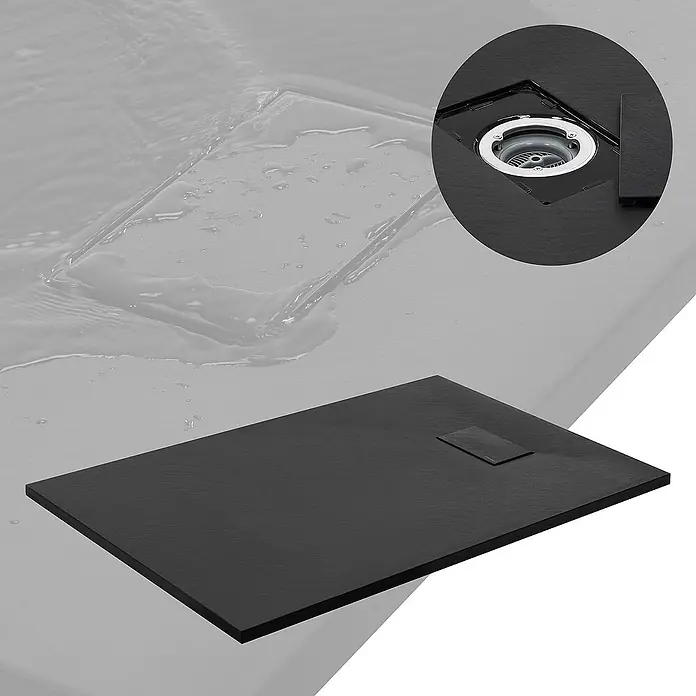 LuxeBath Duschwannen-Set Duschtasse Brausetasse mit Ablaufgarnitur und Anti-Rutsch-Oberfläche - Verbundwerkstoff, Schwarz, Ablaufgarnitur