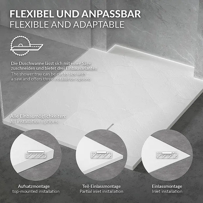 LuxeBath Duschwannen-Set Duschtasse Brausetasse mit Ablaufgarnitur und Anti-Rutsch-Oberfläche - L x B: 90 x 70 cm, Verbundwerkstoff, Weiß, Ablaufgarnitur