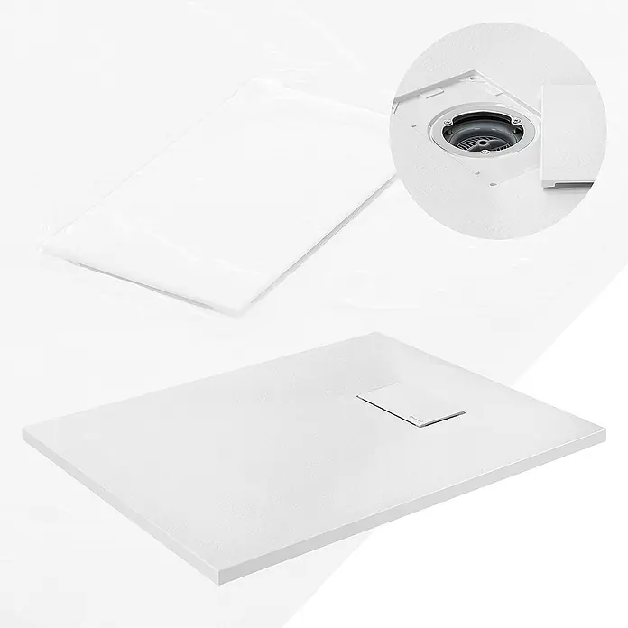 LuxeBath Duschwannen-Set Duschtasse Brausetasse mit Ablaufgarnitur und Anti-Rutsch-Oberfläche - L x B: 90 x 70 cm, Verbundwerkstoff, Weiß, Ablaufgarnitur