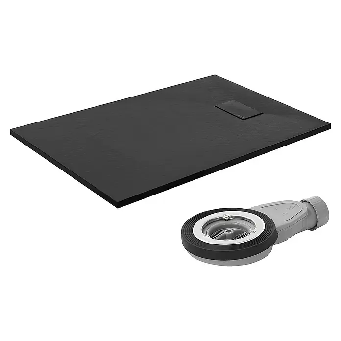 LuxeBath Duschwannen-Set Duschtasse Brausetasse mit Ablaufgarnitur und Anti-Rutsch-Oberfläche - Verbundwerkstoff, Schwarz, Ablaufgarnitur