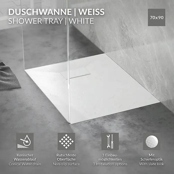 LuxeBath Duschwannen-Set Duschtasse Brausetasse mit Ablaufgarnitur und Anti-Rutsch-Oberfläche - L x B: 90 x 70 cm, Verbundwerkstoff, Weiß, Ablaufgarnitur