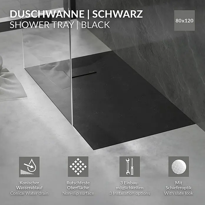 LuxeBath Duschwannen-Set Duschtasse Brausetasse mit Ablaufgarnitur und Anti-Rutsch-Oberfläche - Verbundwerkstoff, Schwarz, Ablaufgarnitur
