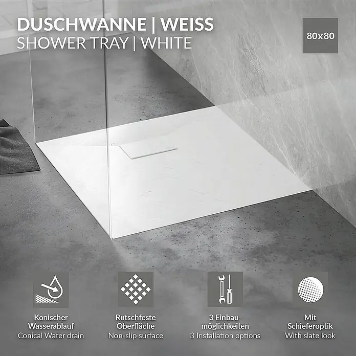 LuxeBath Duschwannen-Set Duschtasse Brausetasse mit Ablaufgarnitur und Anti-Rutsch-Oberfläche - Verbundwerkstoff, Weiß, Ablaufgarnitur