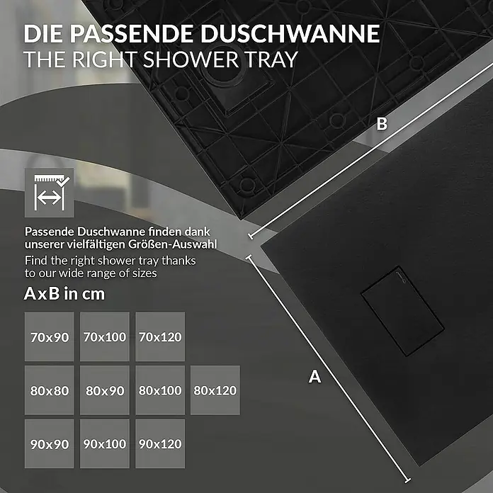 LuxeBath Duschwannen-Set Duschtasse Brausetasse mit Ablaufgarnitur und Anti-Rutsch-Oberfläche - Verbundwerkstoff, Schwarz, Ablaufgarnitur