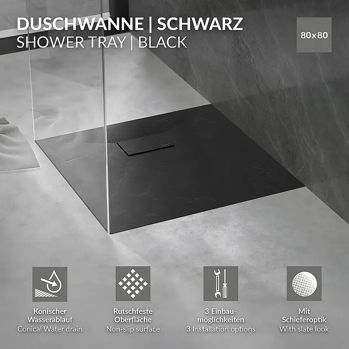 LuxeBath Duschwannen-Set Duschtasse Brausetasse mit Ablaufgarnitur und Anti-Rutsch-Oberfläche - Verbundwerkstoff, Schwarz, Ablaufgarnitur